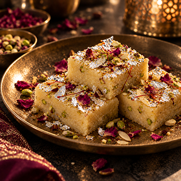 Indian mithai dusted with silver, pistachio and rose